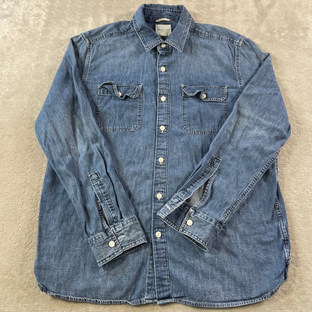 American Eagle Denim Shirt Mens XL Blue Button Workwear Preppy Casual Minimalist